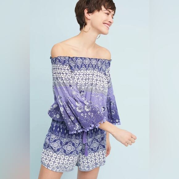 Anthropologie Raga Women’s Beachy Blue Mazo Pommed Romper Size Small - Picture 1 of 8